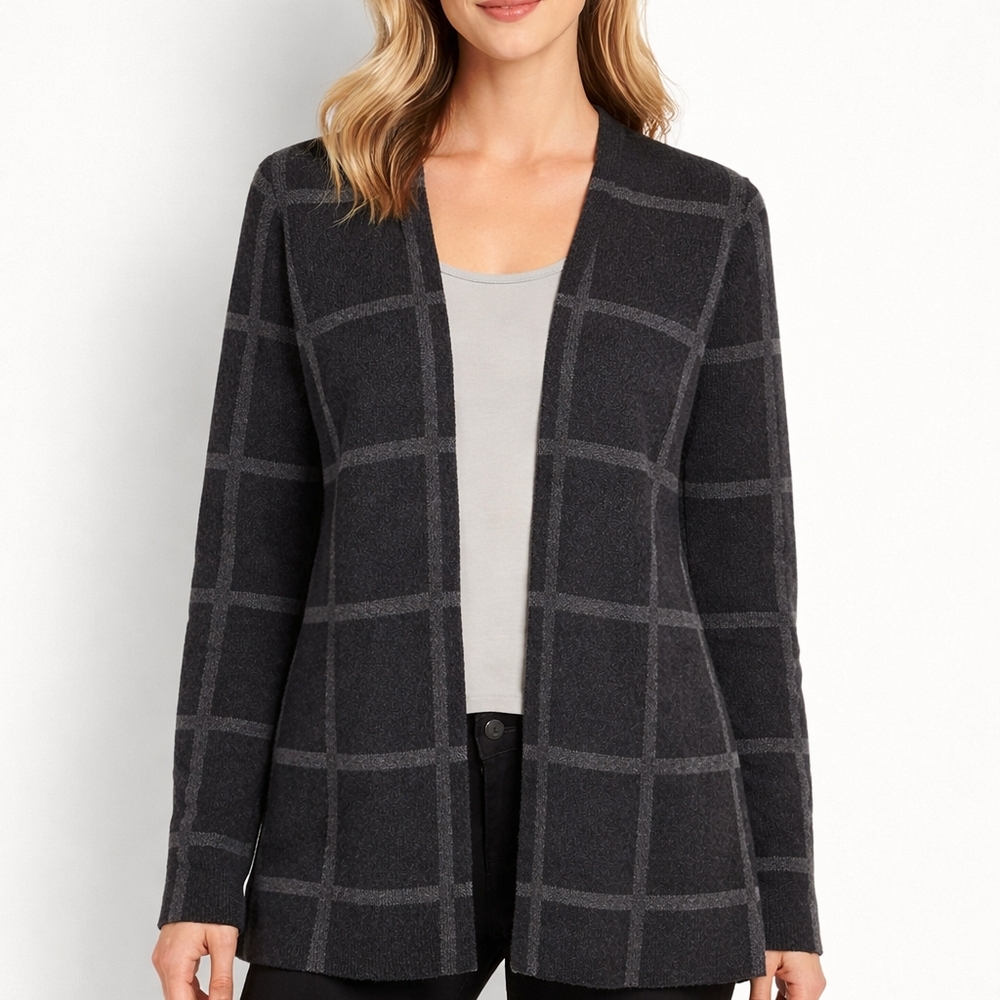 Eileen Fisher 100% Merino Wool Windowpane Open Gray Cardigan Sweater Oversized